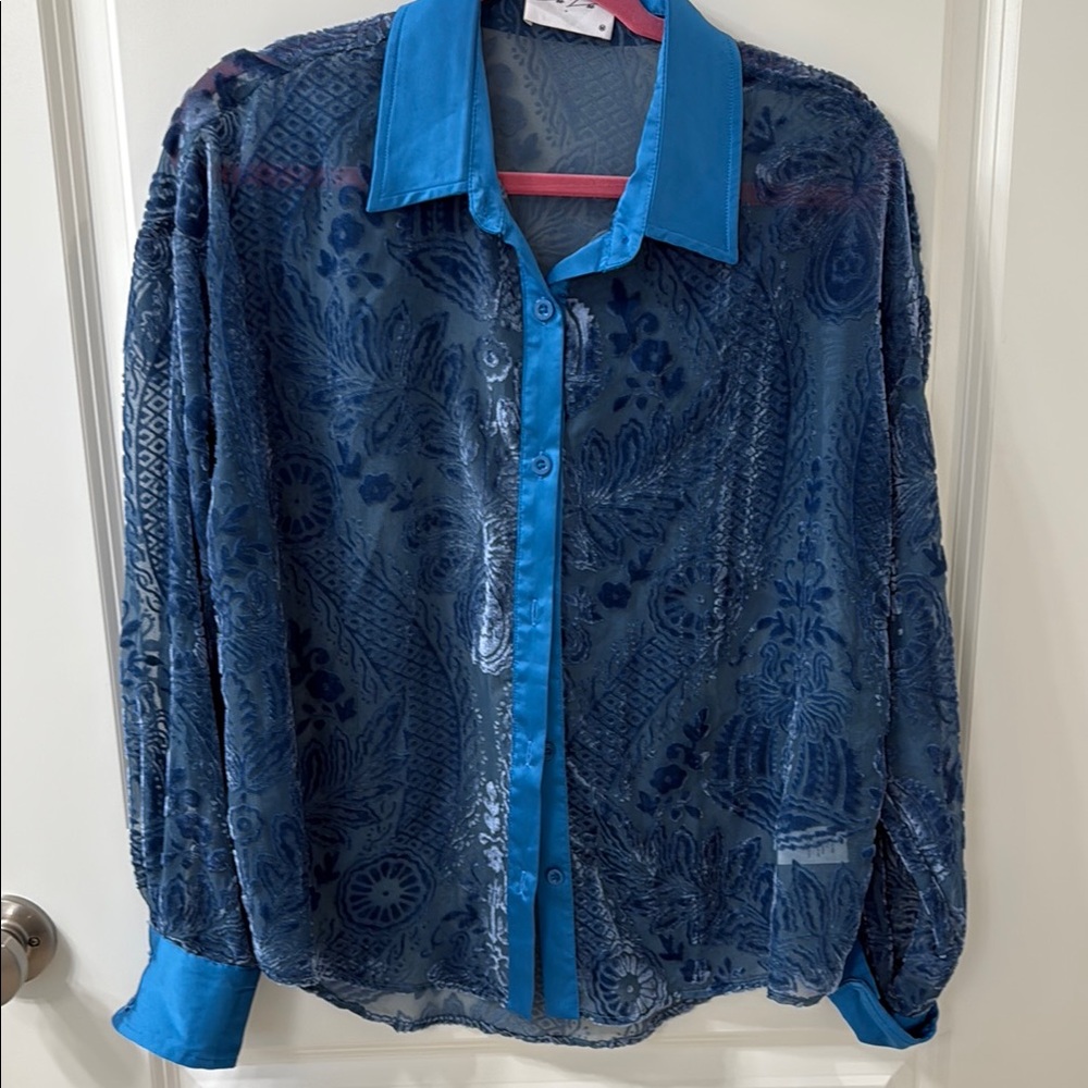 Blue Sheer Floral Button-Up Blouse